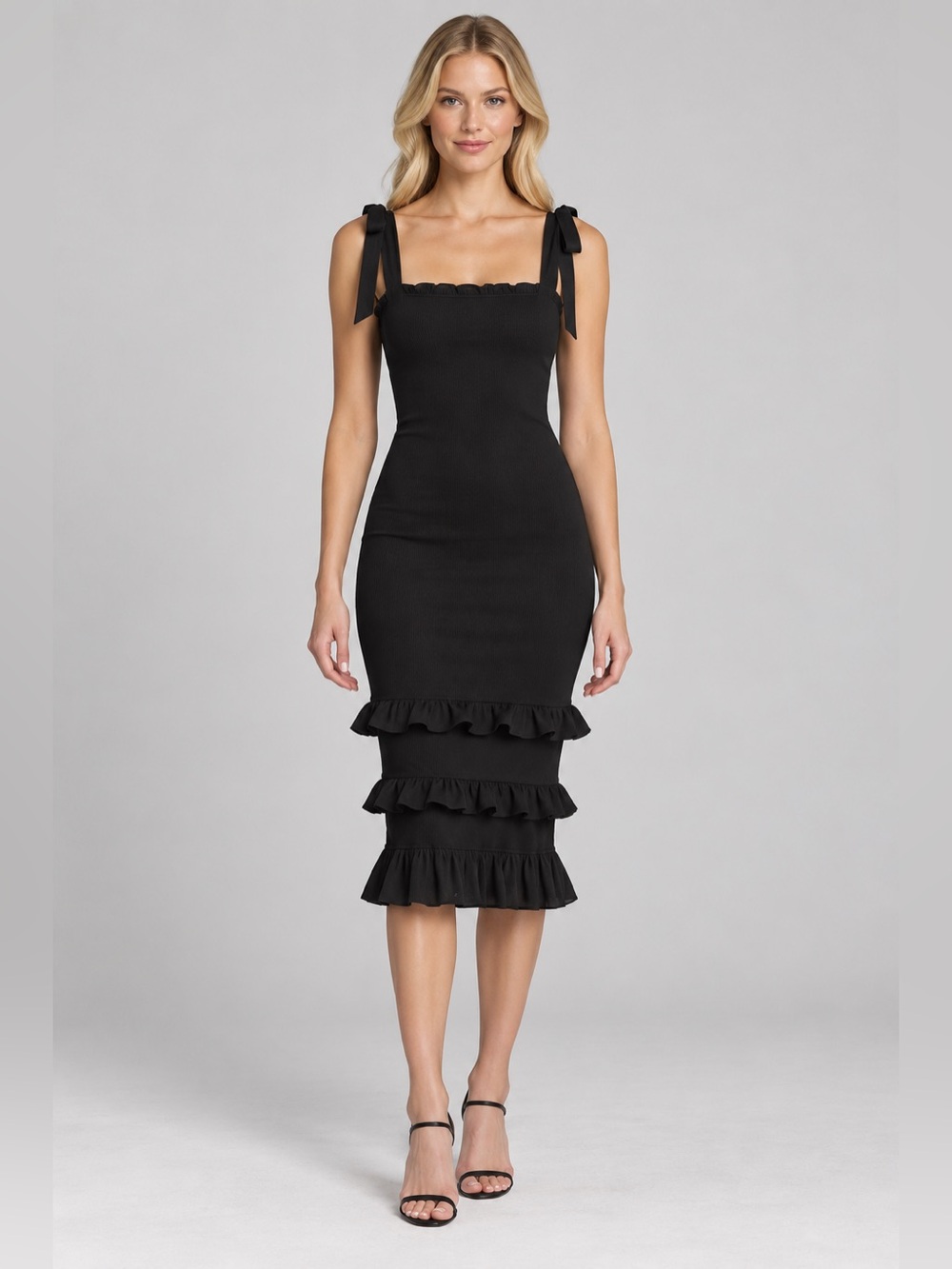 Abercrombie & Fitch Black Smocked Tie Shoulder Ruffle Midi Dress XSP 6191
